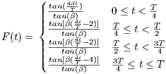       (| tan(4βTt)           T-
      ||||  tan(β)4t-    0 ≤ t < 4
      { tant[βa(nT(β -)2)] T4 ≤ t < T2
F(t) = || tan[β(4tT -2)] T≤ t < 3T
      |||( tatna[βn((β4t)-4)]  23T      4
        --tanT(β)--   4-≤ t ≤ T
